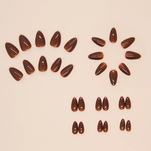 Solid red-brown almond press-on nails with glossy finish set of 24 pieces