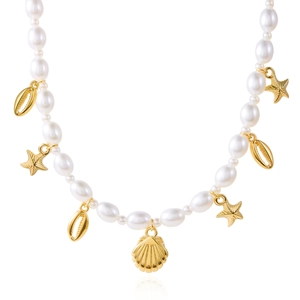 Bohemian pearl necklace with gold starfish and seashell pendants on white background