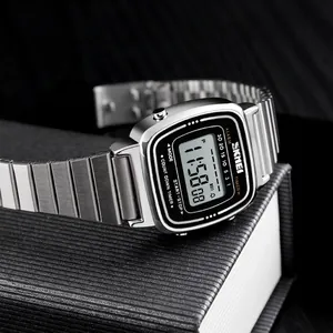 Retro square digital watch with silver stainless steel strap and multifunction display