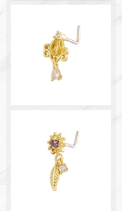 Detail of L-shaped nose studs with golden pumpkin and purple flower zircon pendants