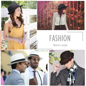 Multiple stylish retro wool felt fedora hats in black, white, and brown displayed outdoors