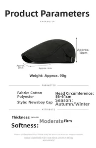 Detailed size specifications for a wool-blend herringbone flat cap for men