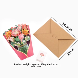 Macro view of 3D popup flower card set with kraft envelope and small gift card