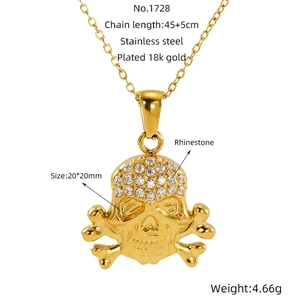 Detailed dimensions of 18K gold plated stainless steel skull pendant with rhinestones