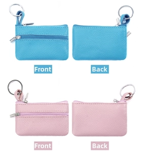 Front and back views of slim genuine leather coin purses in sky blue and pink colors