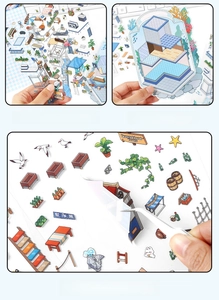 Detail of PET stickers with white ink printing featuring indoor furniture and bar designs