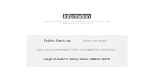 Size specifications for the corduroy bucket hat including brim width and head circumference