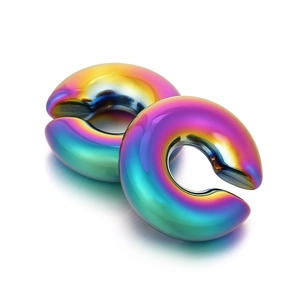 Rainbow gradient stainless steel hollow C-shaped earrings with minimalist polished finish
