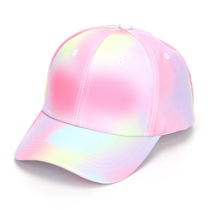 Detail view of colorful tie-dye kids baseball cap with breathable fabric and curved brim