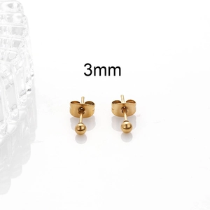 Detailed view of 3mm gold stainless steel ball stud earrings with butterfly backings
