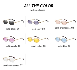 Detailed grid showing seven colorful rimless sunglasses with elegant gold metal frames