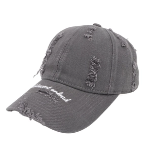 Detail of distressed grey denim baseball cap with white adolescent embroidery and torn brim