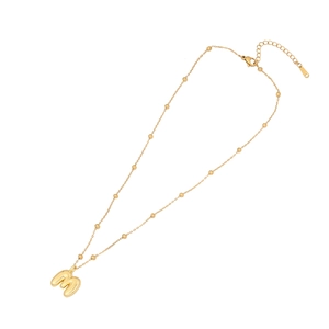 Golden bubble letter M pendant necklace with beaded chain and adjustable lobster clasp