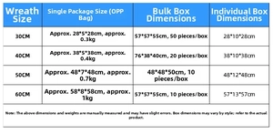 Size chart for pink Christmas wreaths showing diameters from 30cm to 60cm and packaging details