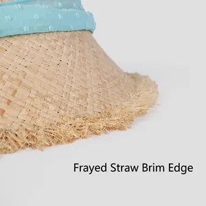 Lace-up chiffon ribbon raffia sun hat with stylish frayed straw brim for beach vacation