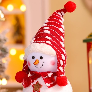 Large plush Christmas snowman doll with red knitted hat and welcome star ornament