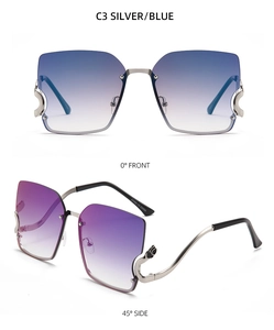 Front and 45-degree side views of rimless sunglasses with blue and purple gradient lenses