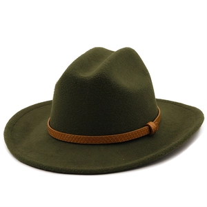 Detail of olive green wool fedora with a braided brown leather decorative band