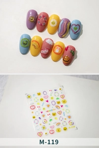 Detail view of M-119 3D nail art stickers featuring colorful smiley faces, rainbows and rabbits