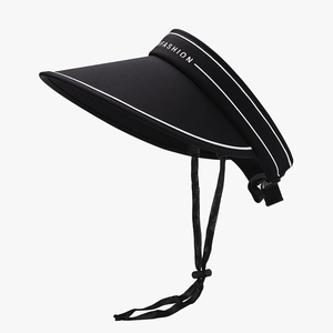 Women's black foldable sun visor with wide brim and adjustable wind rope for UV protection