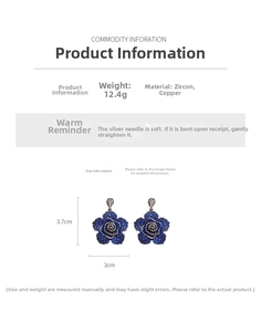 Detail view of blue rose flower earrings with zircons and measurements for size 3x3.7cm