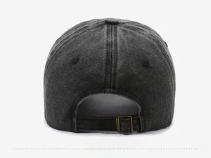 Detail of washed grey cotton baseball cap showing back view with adjustable metal buckle