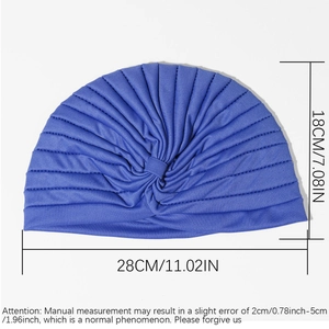 Detail view of blue ethnic turban hat with dimensions 18cm height and 28cm width