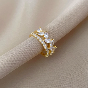 Double-layered gold teardrop zircon ring with elegant crown design for women