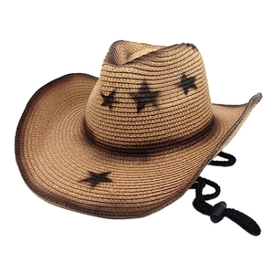Retro cowboy straw hat with wide brim, star prints, and adjustable chin strap