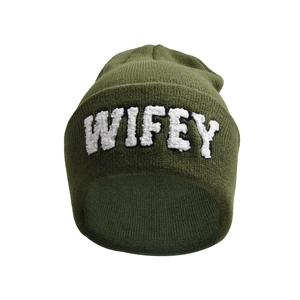 Detail of olive green knit beanie featuring white WIFEY plush patch embroidery
