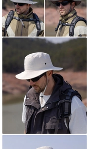 Outdoor sun hat featuring a wide brim and adjustable chin strap for hiking and fishing