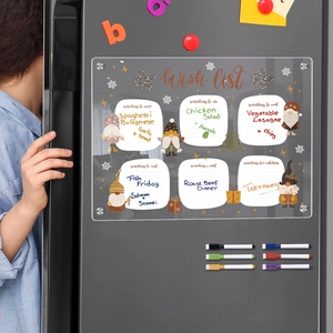 Macro shot of magnetic acrylic fridge wish list board with colorful markers and gnome art