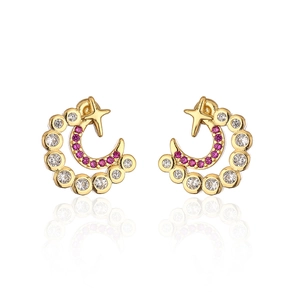 Detail of 18K gold C-shape crescent and star stud earrings with pink and clear zircons