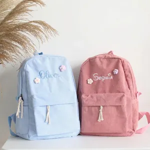 Corduroy Kids Backpack Schoolbag Embroidery Flower Patch Preppy Style Student Daypack Casual Travel Rucksack For Girls Boys