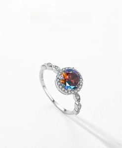 Macro shot of S925 sterling silver ring with colorful round zircon and side stones