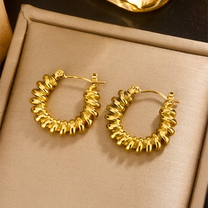 Retro double-layered U-shape spiral twisted hoop earrings in 18K gold plated titanium steel