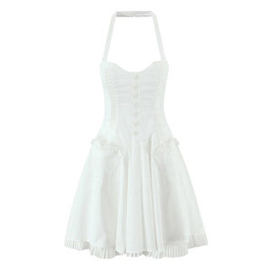 Women White Halter Dress Cotton Blend Backless Button Front Ruffled Hem Lolita Sexy Sweet Party Mini Dress