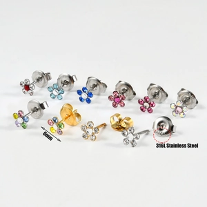 Detailed array of 316L stainless steel flower earrings with 6mm colorful rhinestones