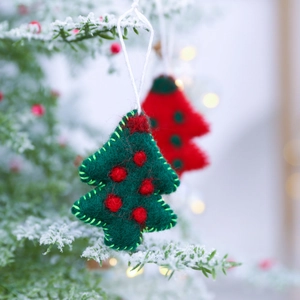 Ornements de sapin de Noël en feutre de laine faits main en rouge et vert sur une branche