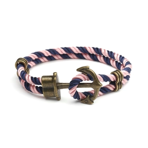 Navy anchor bracelet in pink and blue braided rope with antique bronze metal clasp