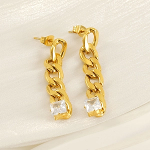 Stainless Steel 18K Gold Plated Chain Drop Earrings With Square Transparent Zircon Fashion Trendy Dangle For Women