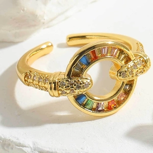Detail of adjustable gold ring featuring a circular rainbow baguette zircon center