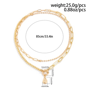 Detail of layered gold beaded chain with OT toggle clasp and droplet pendant dimensions