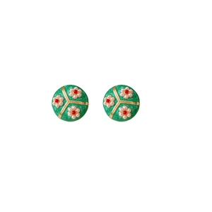 Vintage round flower earrings with green enamel and pearl inlays on white background