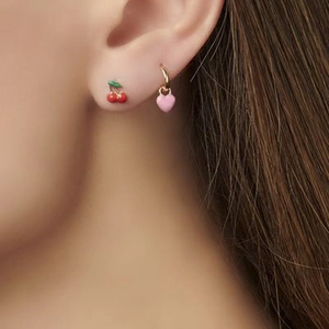 Cute cherry and pink heart asymmetric drop earrings in S925 silver and colorful enamel