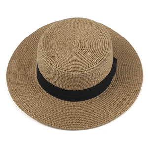 Elegant women's flat top boater straw hat with black ribbon for sun protection