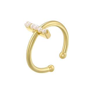 Close-up of gold-plated ring featuring pearl inlay and adjustable C-shaped open design