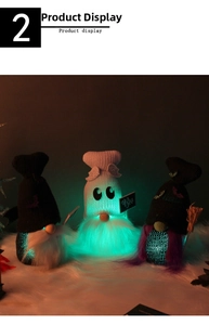 Three Halloween light-up gnomes with glowing LED bellies, pointed hats, and Boo sign