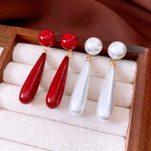 Water Drop Dangle Earrings French Retro Alloy Resin Imitation Artificial Pearl And Silver Earring Post Elegant For Women