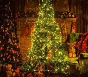 Warm yellow LED copper wire string lights wrapped around a festive Christmas tree decor